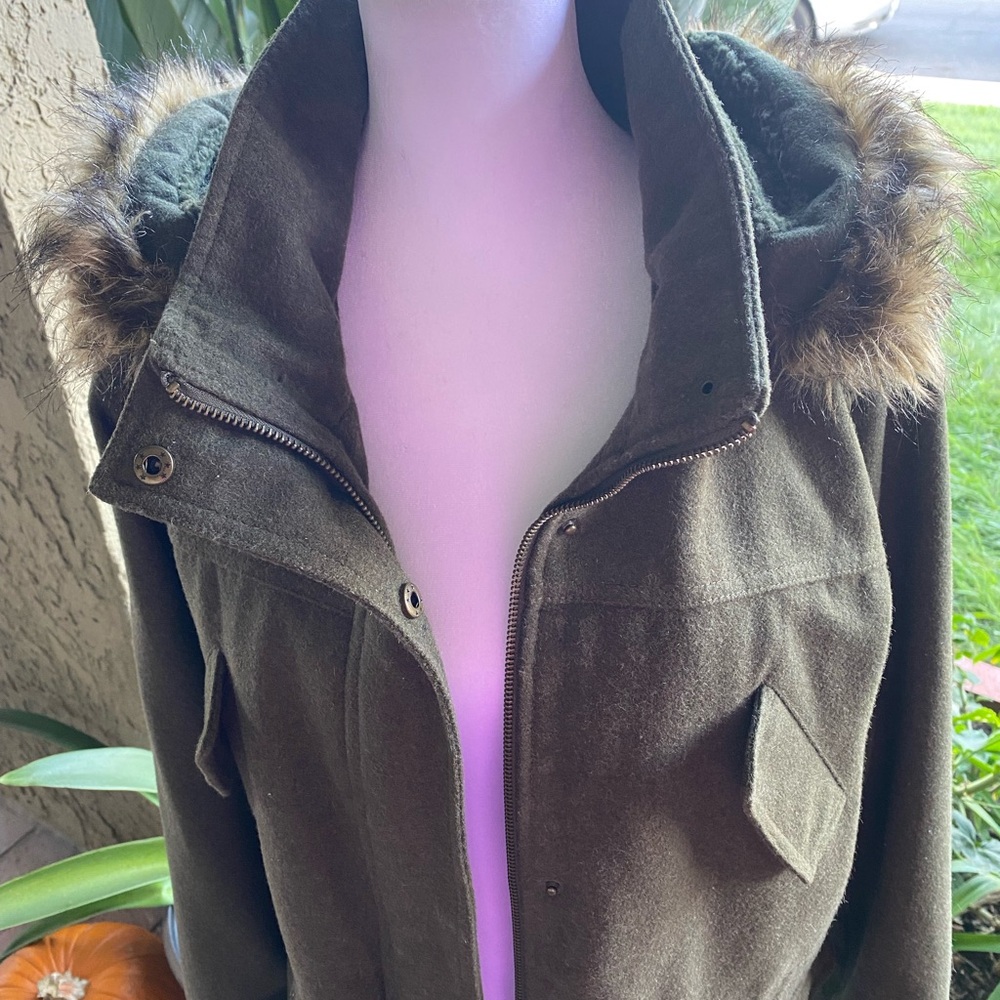 Avenue Olive Green Ski Jacket with Faux Fur Hood